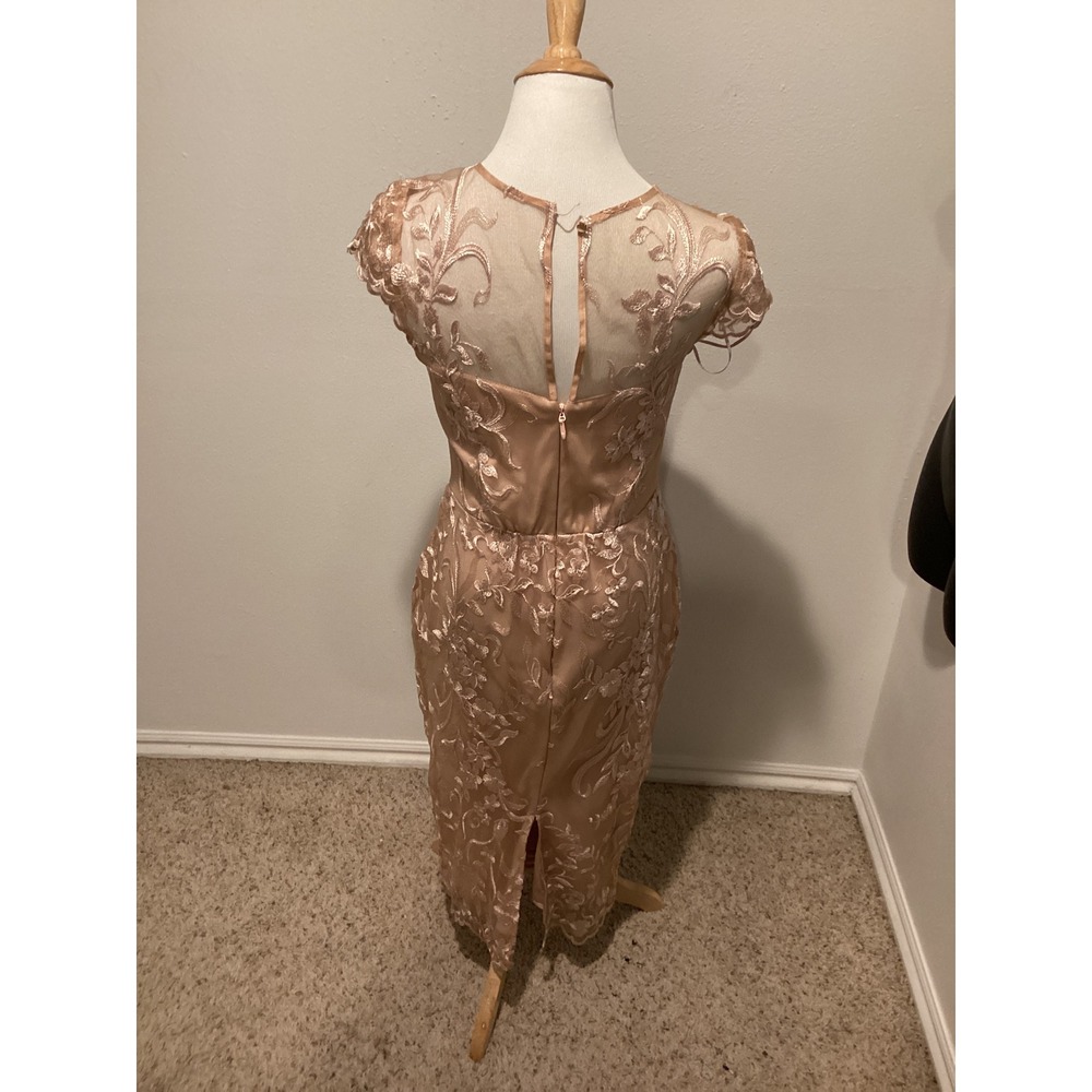 Soieblu Rose Gold Floral Lace Midi Dress V-Neck Cap Sleeve Sheer Back Size Large - Picture 3 of 5